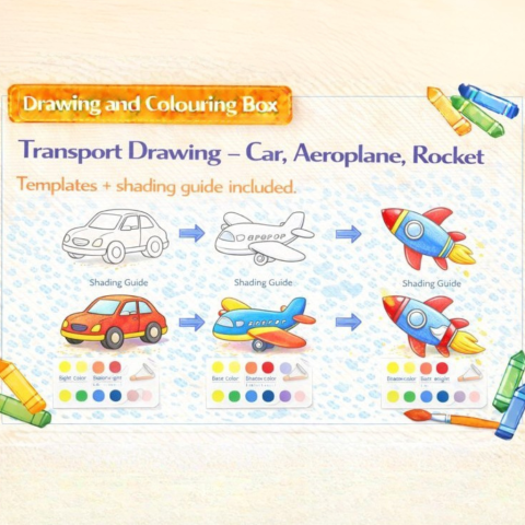Drawing & Colouring -Transport Drawing – Car, Aeroplane, Rocket