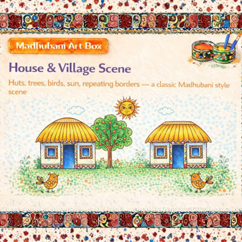 Madhubani - House & Village Scene