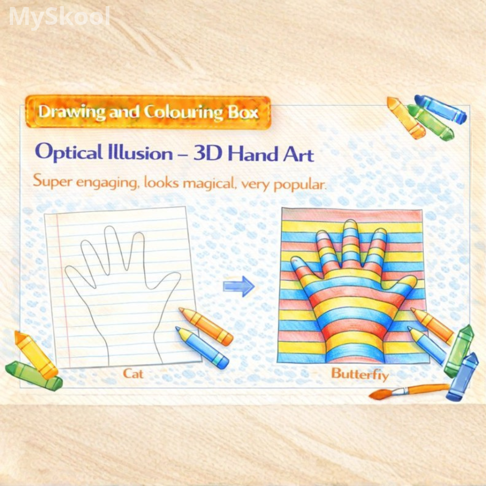 Drawing & Colouring -Optical Illusion – 3D Hand Art